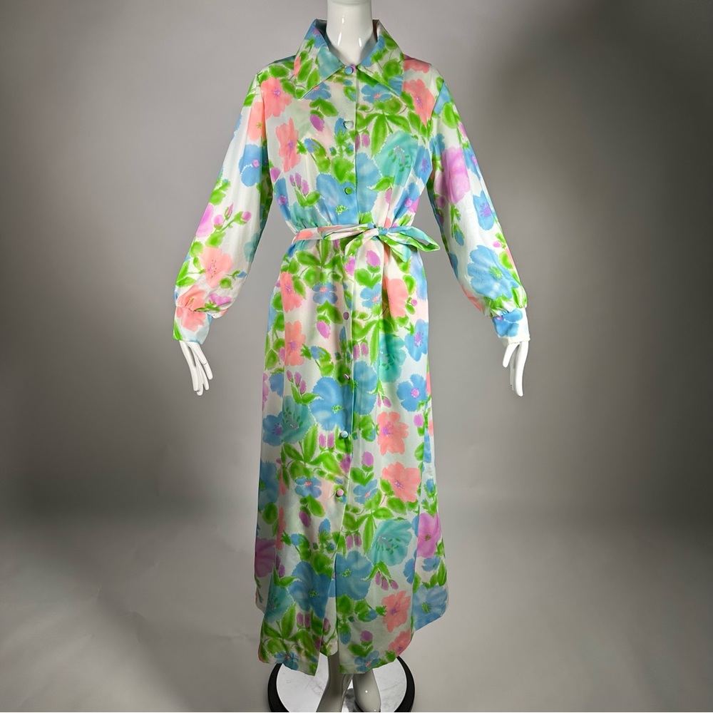 70’s Henson Kickernick Set of 2 Dress & Robe Maxi Floral Tie Waist Green M-L